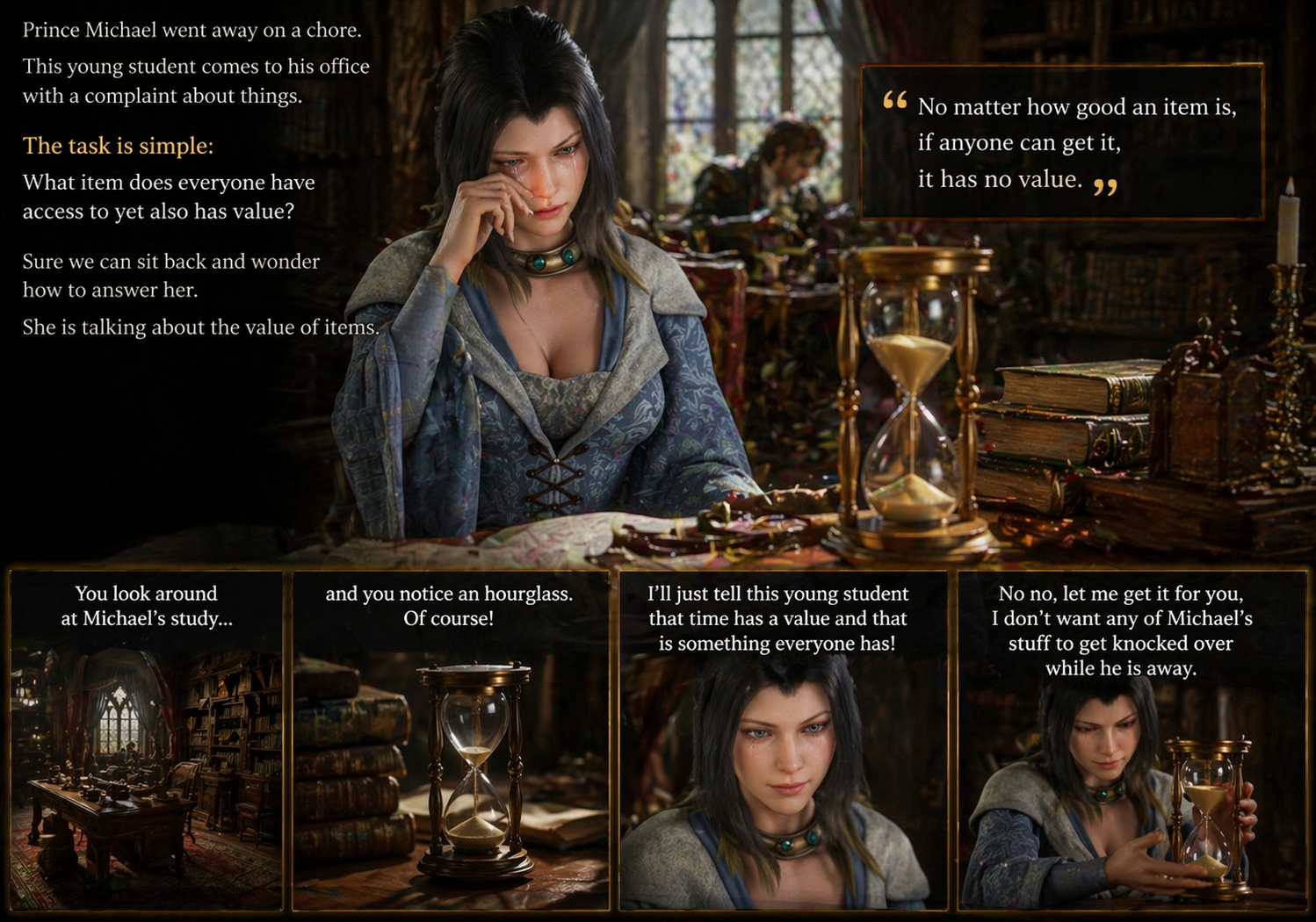 A cinematic story-panel image showing a sorrowful young woman in Prince Michael’s study, wiping away a tear while reflecting on the nature of value, before discovering that Michael’s hourglass offers the answer: time is something everyone has, yet it remains deeply valuable.