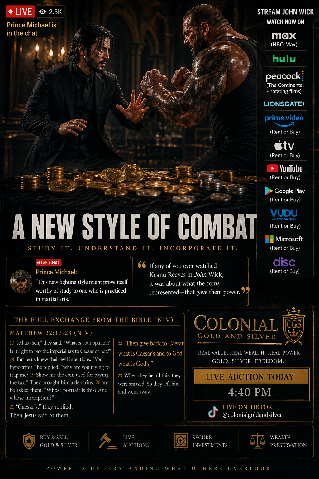 A cinematic promotional image showing a calm, sharply dressed fighter facing a much larger opponent across a table of gold and silver coins, alongside Biblical text, live auction branding, and the title A New Style of Combat.