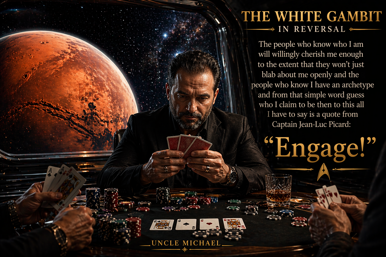 Uncle Michael at a poker table in space with Mars visible in the background and the title The White Gambit in Reversal.