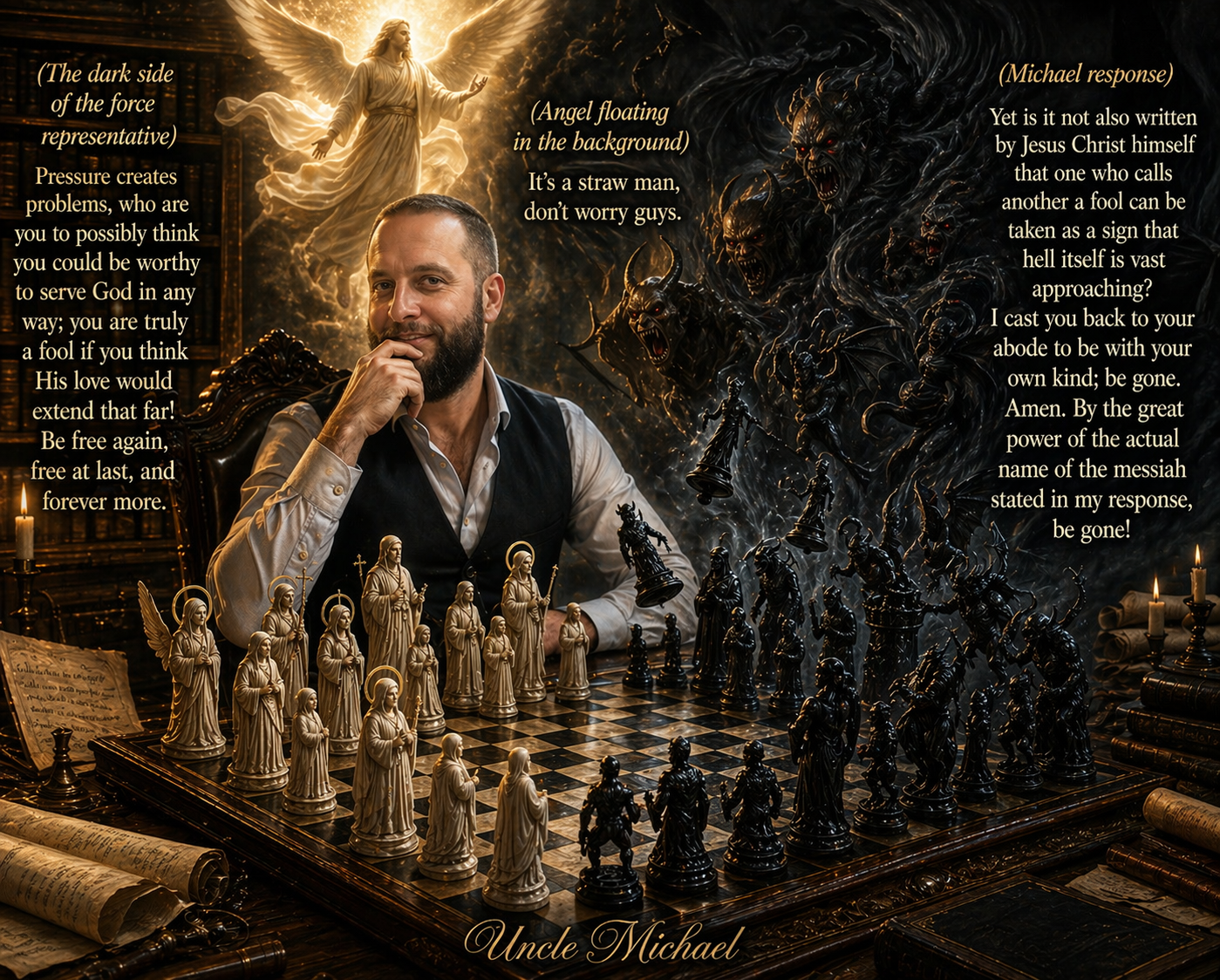 A dramatic fantasy chess scene showing Uncle Michael seated calmly at a chessboard, with saintly pieces on one side, darker opposing pieces on the other, an angel in the background, and a dark representative force looming over the board.
