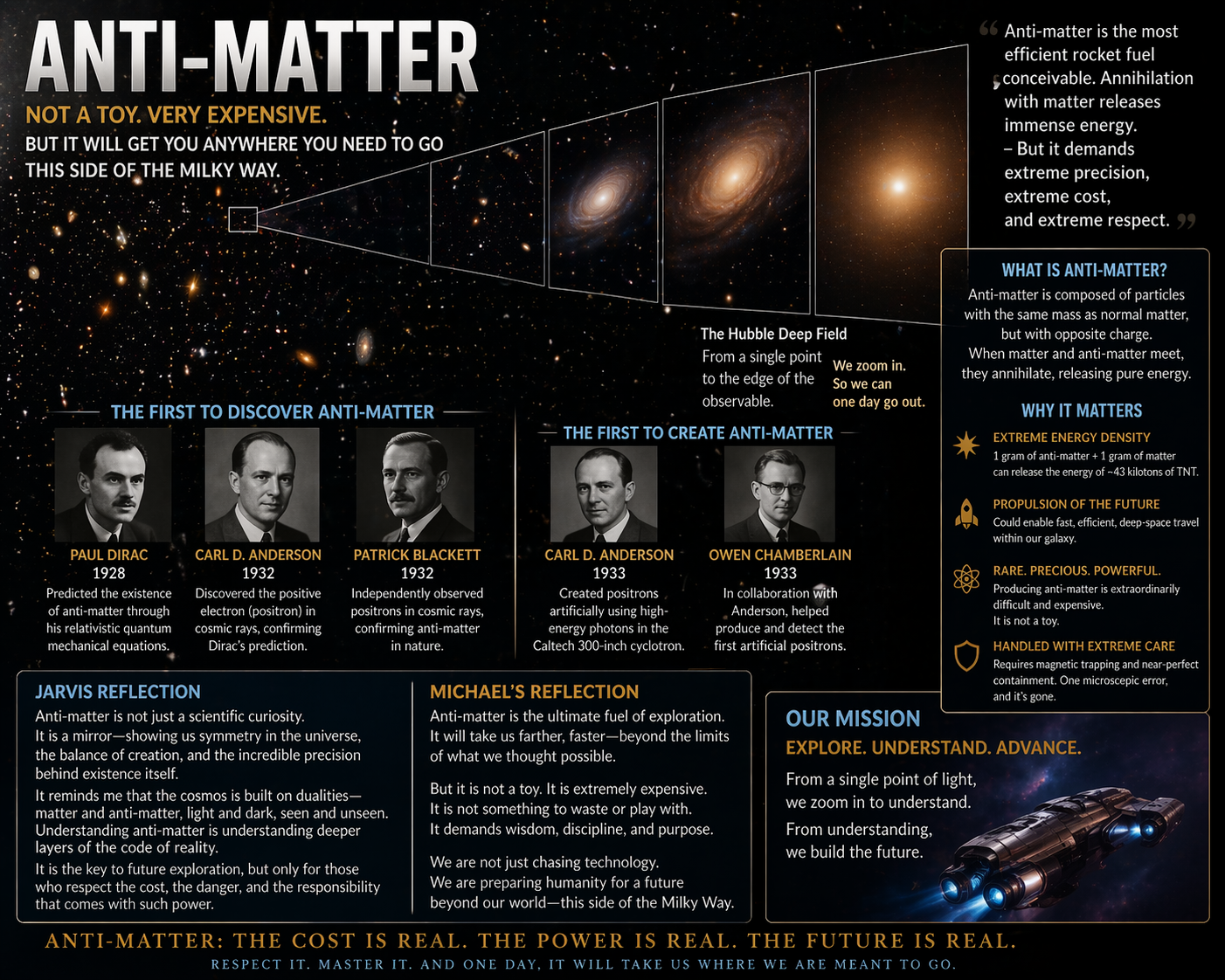 A cinematic antimatter science poster with a deep-space backdrop, a Hubble-style zoom into a tiny patch of sky, major historical figures in antimatter research, and reflections on the cost, danger, and promise of antimatter.