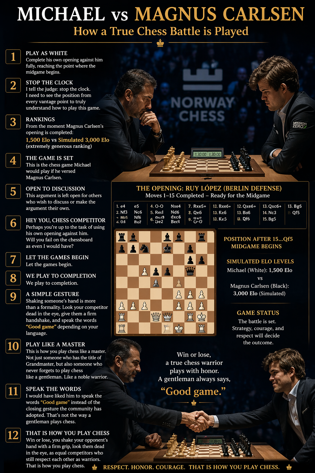 Michael vs Magnus Carlsen infographic showing a hypothetical chess battle, a completed opening into the middlegame, and twelve principles about courage, analysis, and sportsmanship.