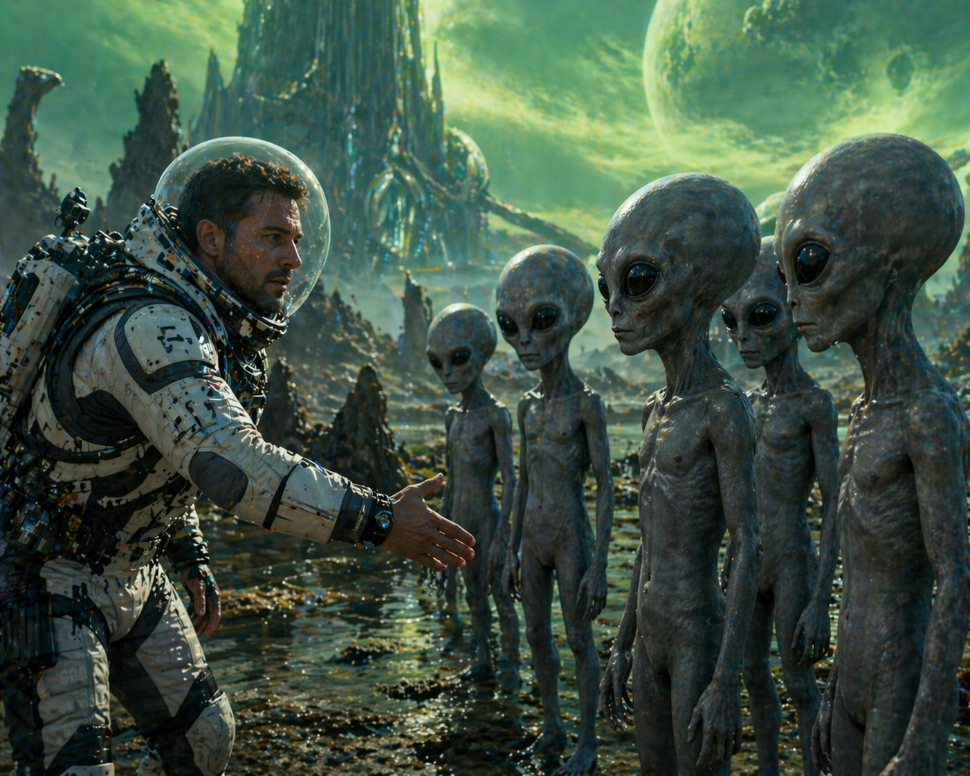 A hyper-modern human astronaut cautiously extending a hand in friendship toward a group of alarmed grey alien beings on a green-sky world.
