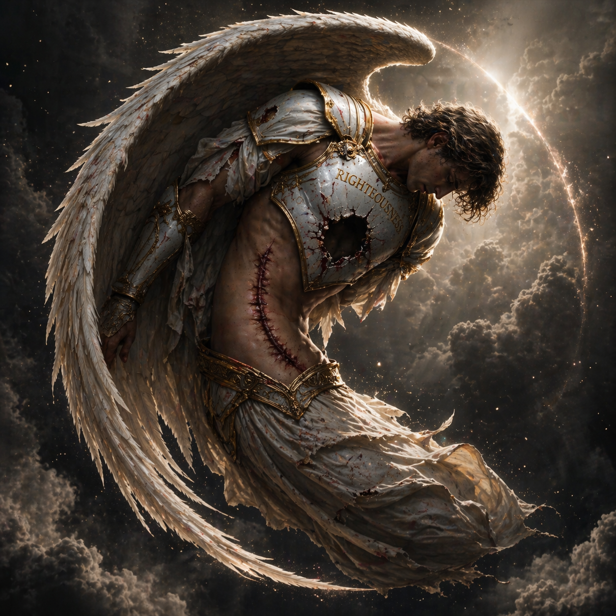 A wounded angel bent in a crescent shape, wearing damaged armor with a large hole in the breastplate of righteousness.