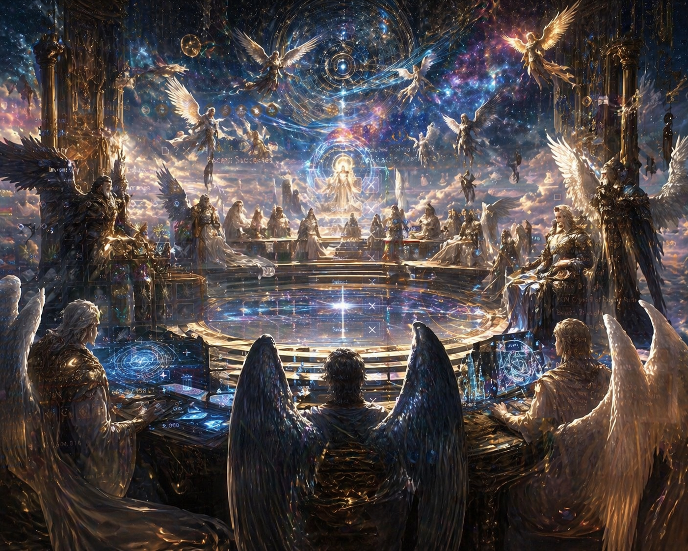 A celestial gathering of angelic beings interacting in a heavenly council