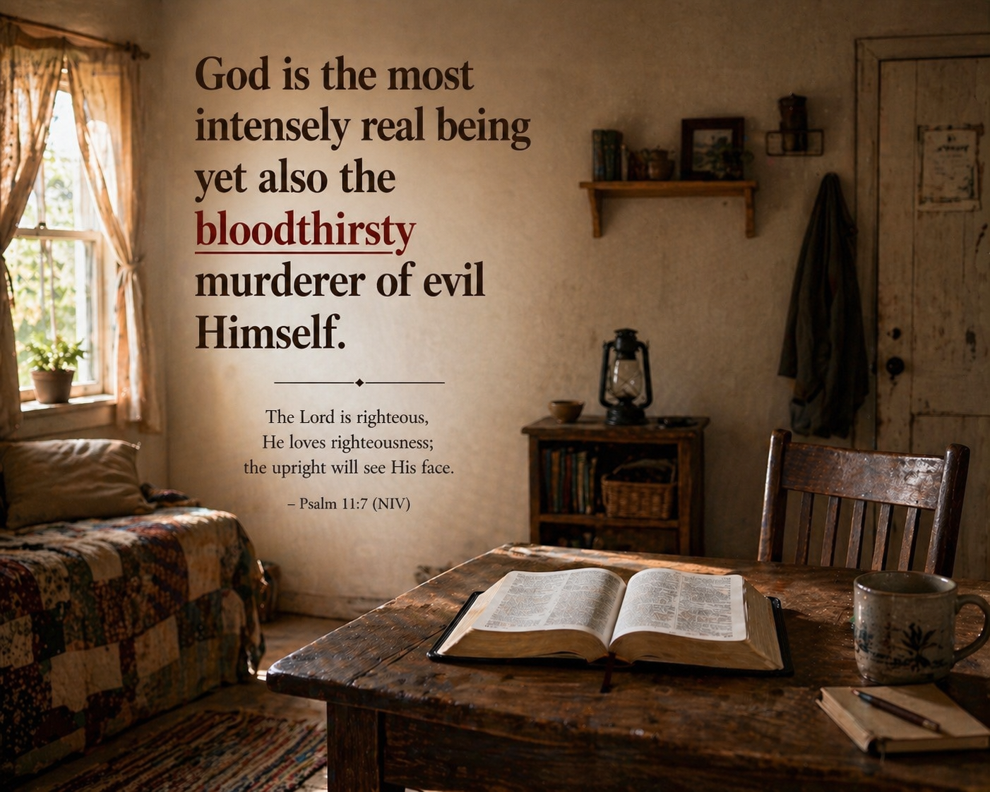 A humble room with an open Bible on a wooden table, presenting the message that God is real and stands against evil.