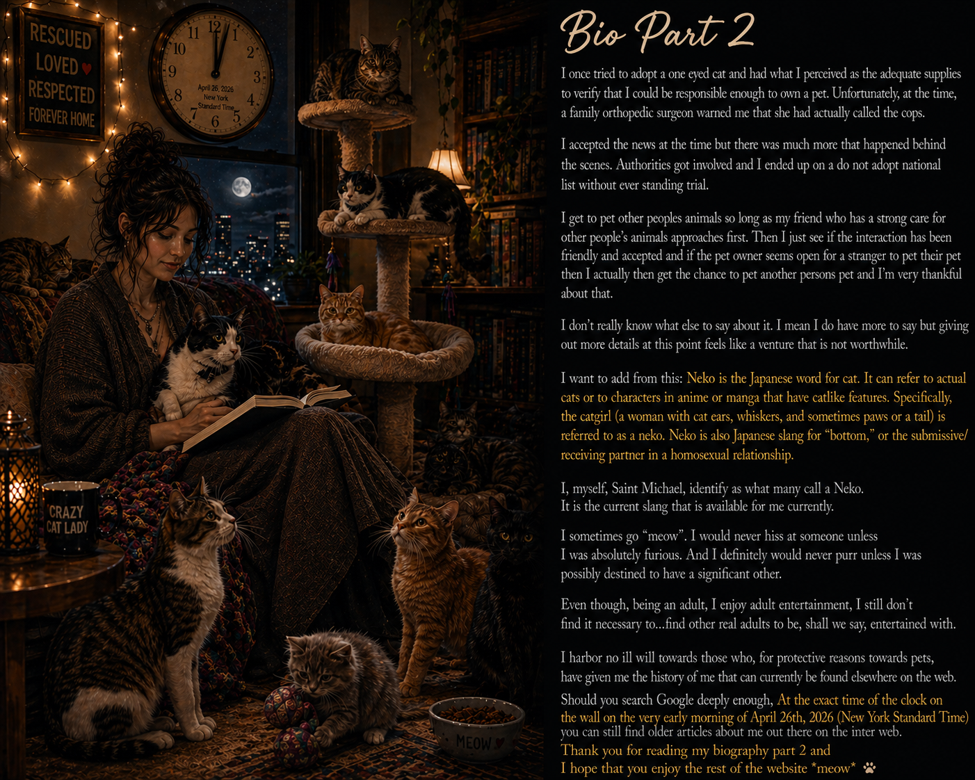 A calm cat caretaker surrounded by several cats in a warm, peaceful home setting