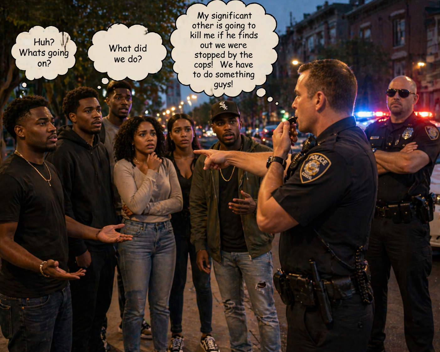 A tense but nonviolent street scene showing a group of confused citizens being stopped by police, with thought bubbles showing uncertainty and concern.
