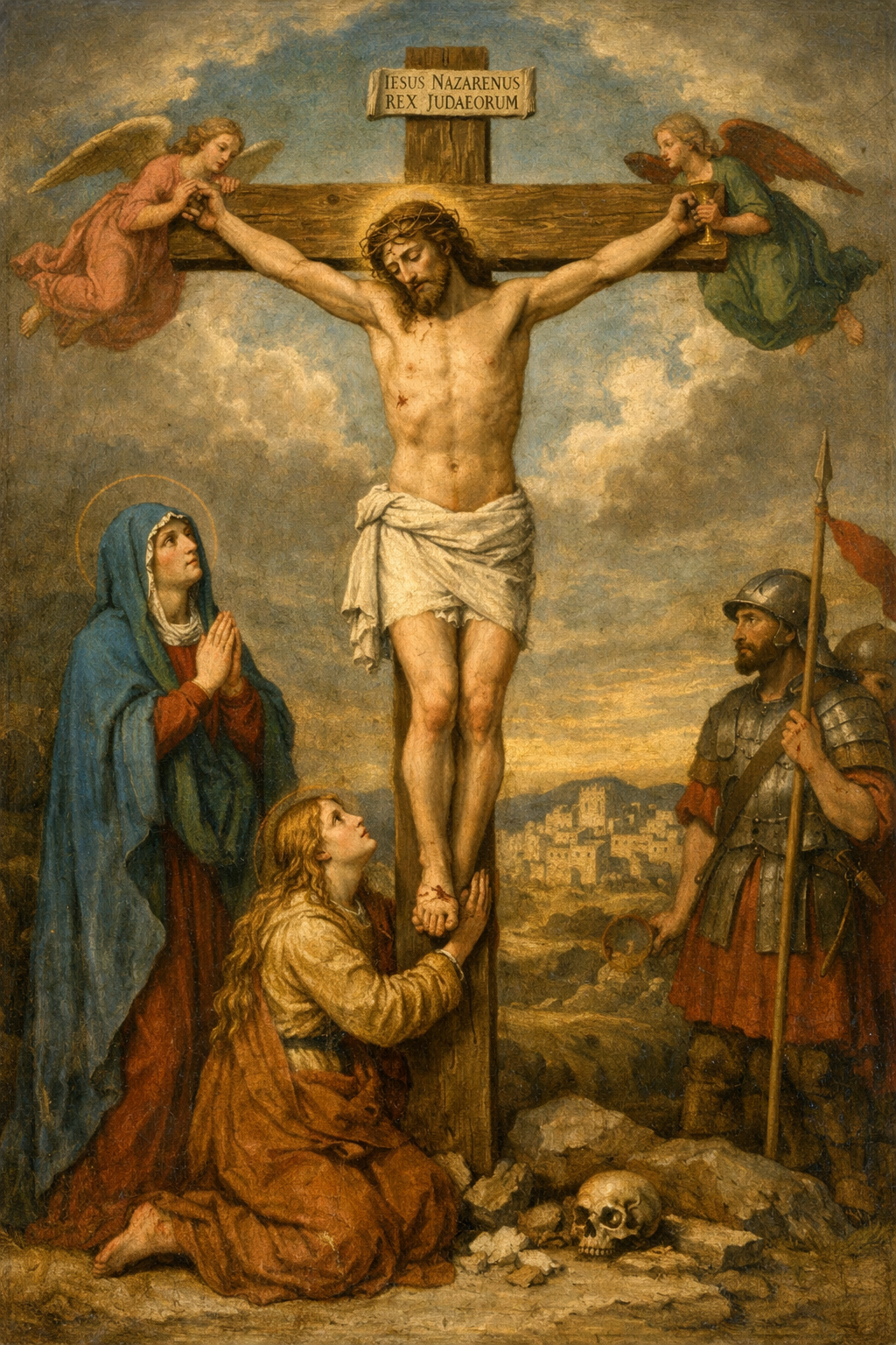 Renaissance-style, child-friendly depiction of Jesus on the cross
