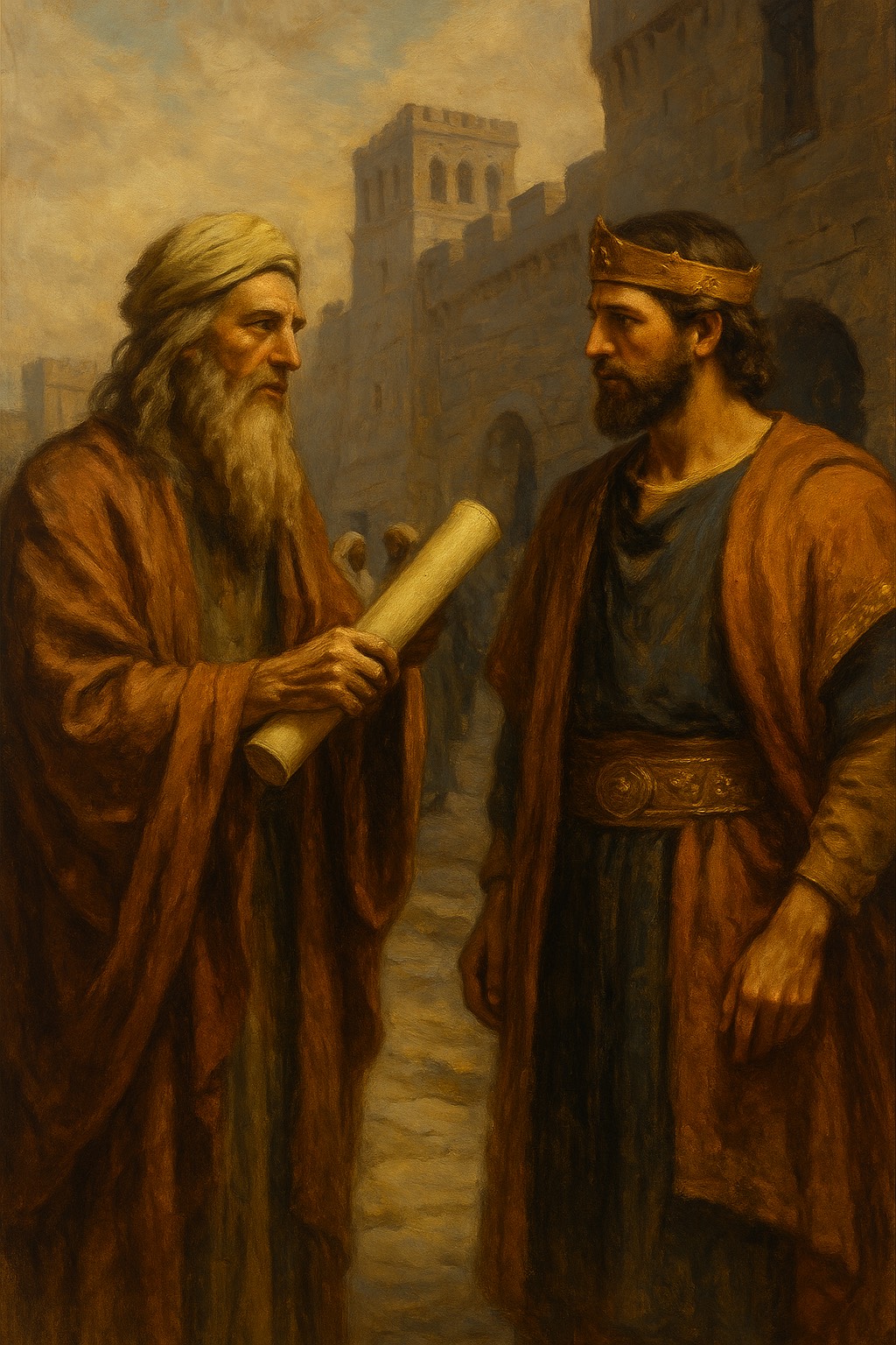 Oil-style painting of the prophet Gad presenting a scroll to King David in a dimly lit throne room
