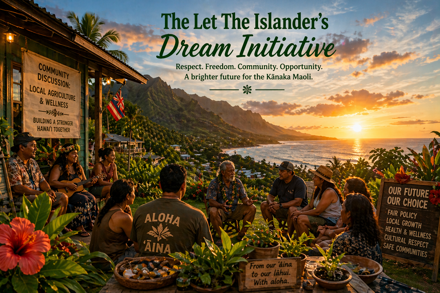 A warm Hawaiian coastal community gathering at sunset, discussing local agriculture, wellness, freedom, and opportunity.