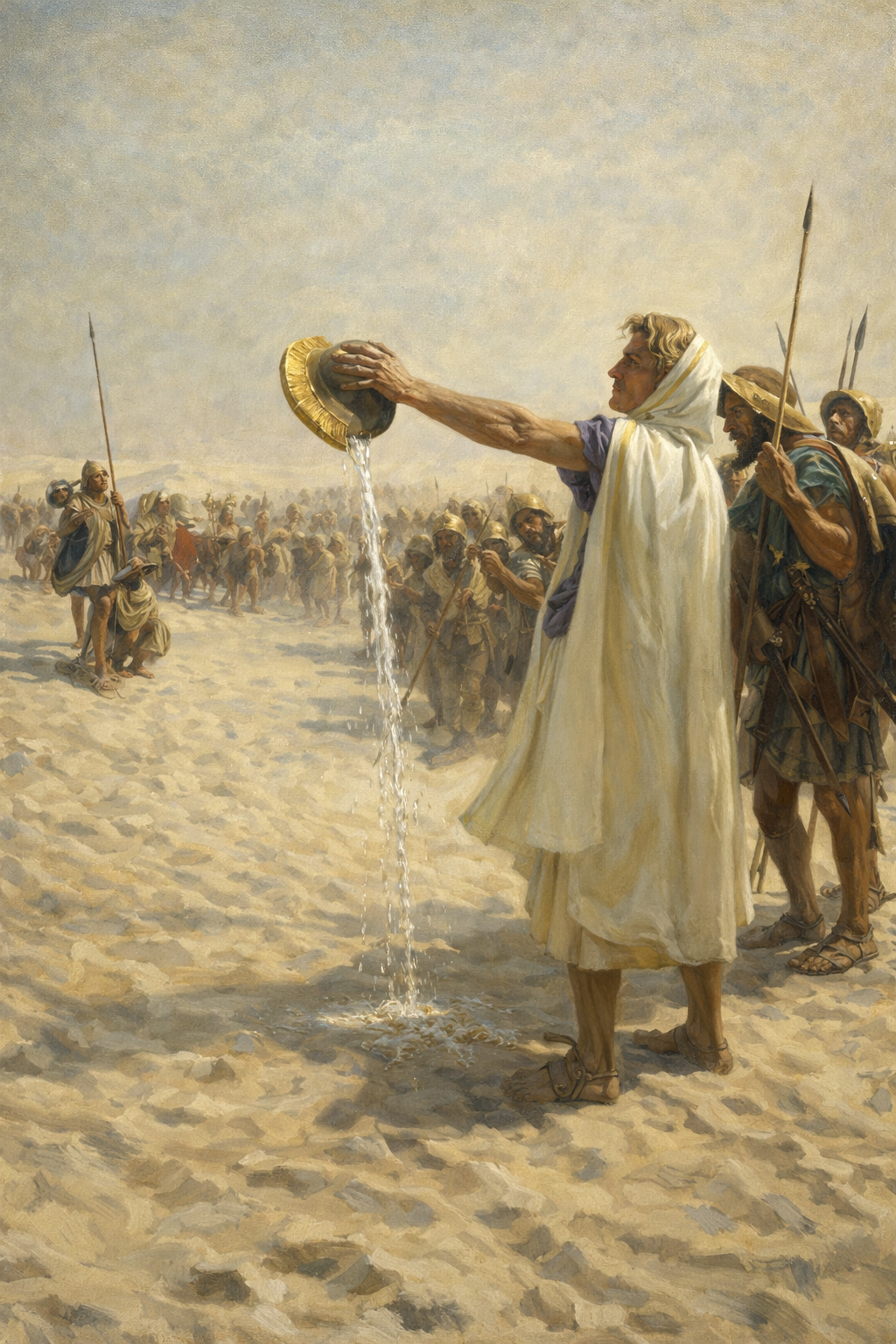 Alexander the Great pouring out water offered to him while his soldiers thirst