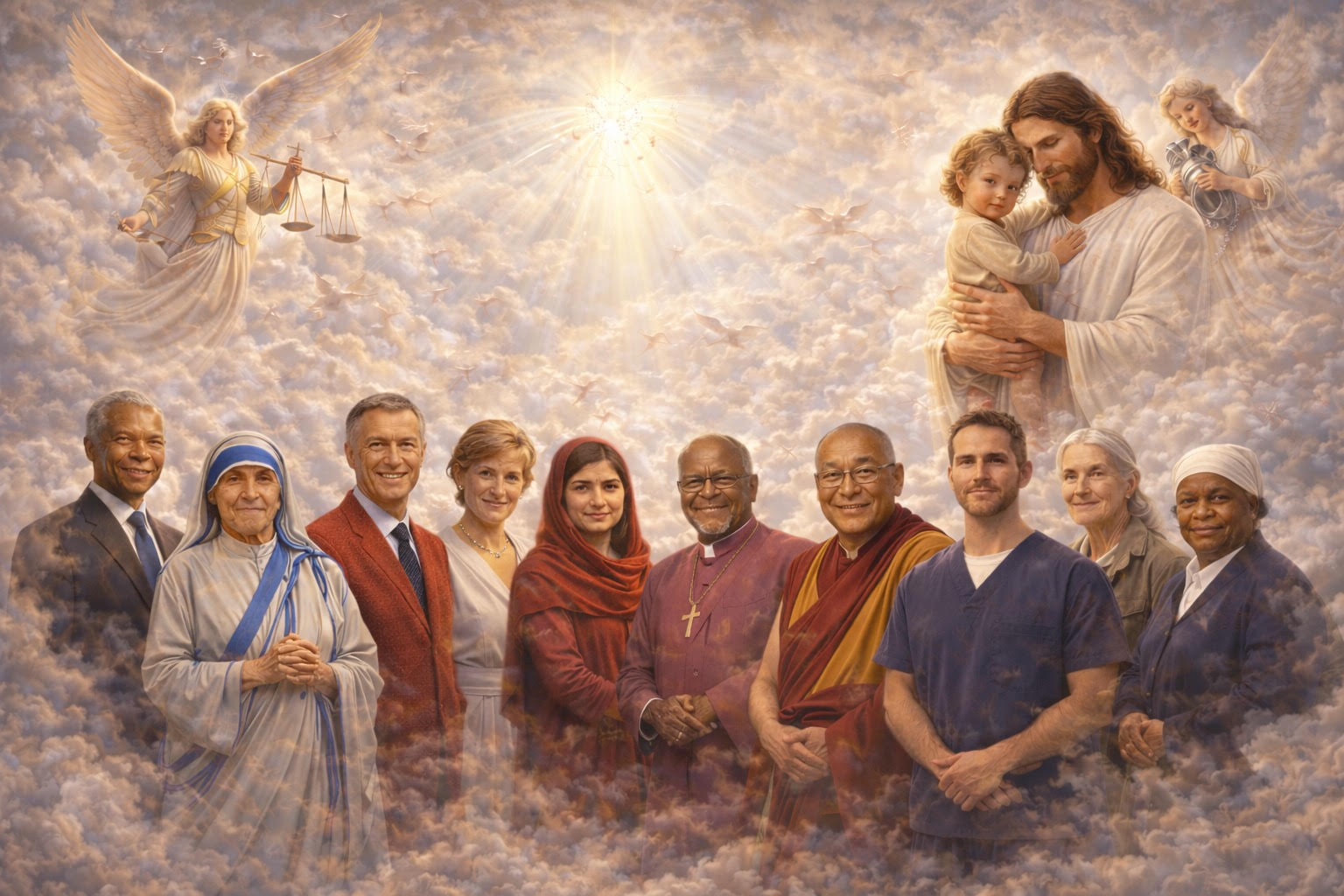 A photorealistic heavenly tableau featuring angels and a diverse group of historical and symbolic figures, intended as a tribute to moral courage, compassion, justice, and service.