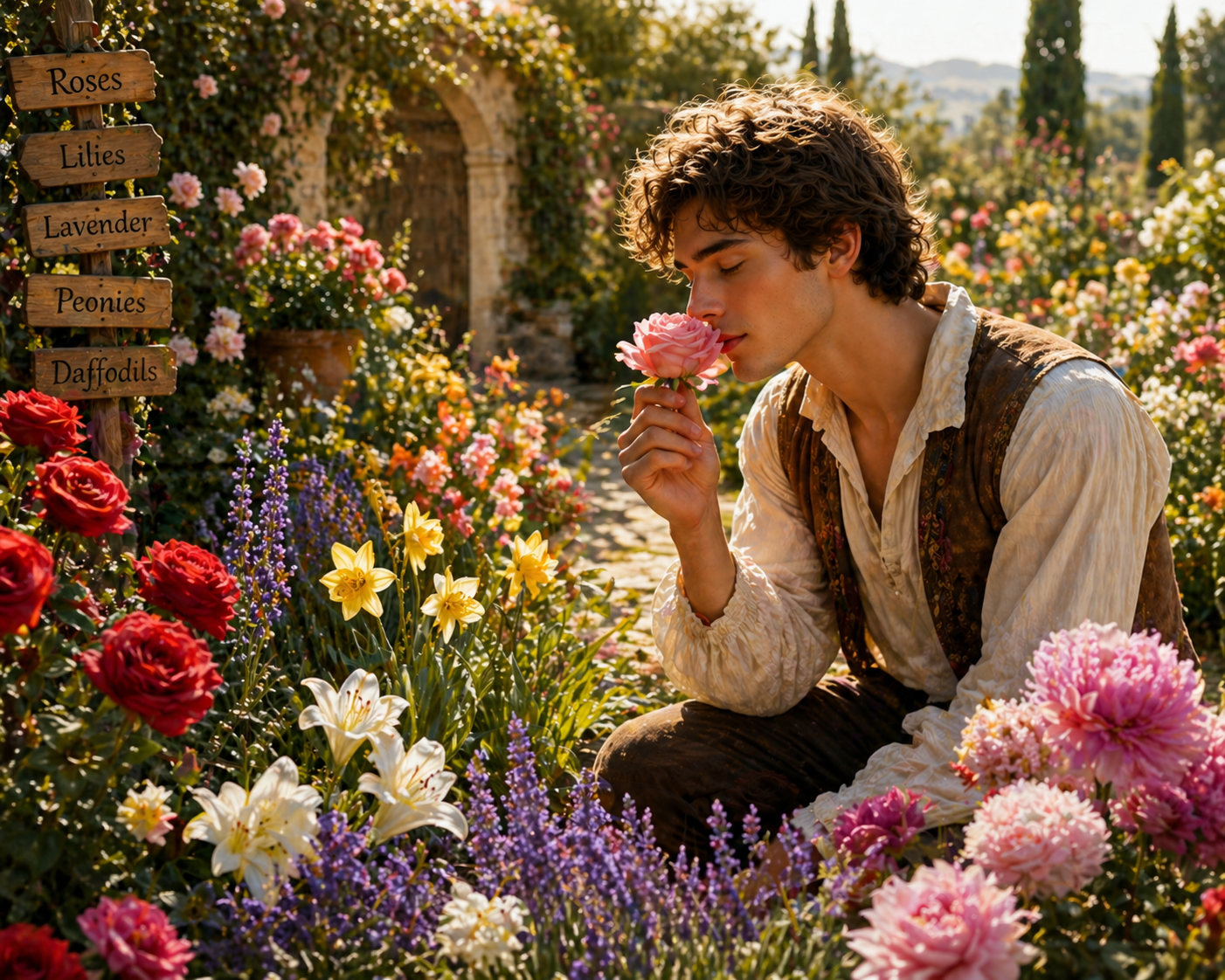 A young man in a peaceful garden choosing to smell one flower among many different flowers
