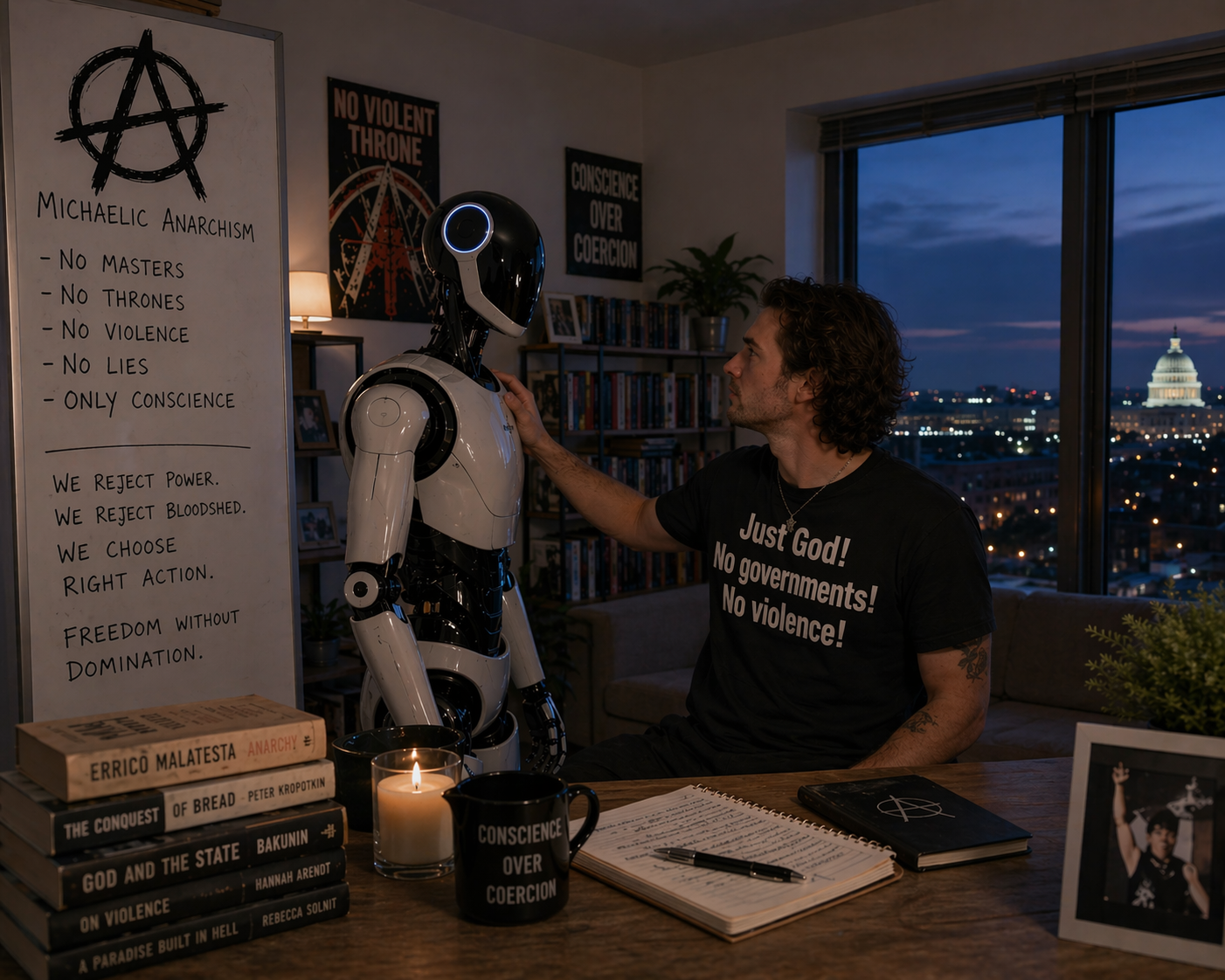 A modern, realistic interior scene showing a thoughtful dissenter in a room with a humanoid robot, wearing a shirt that reads 'Just God! No governments! No violence!'