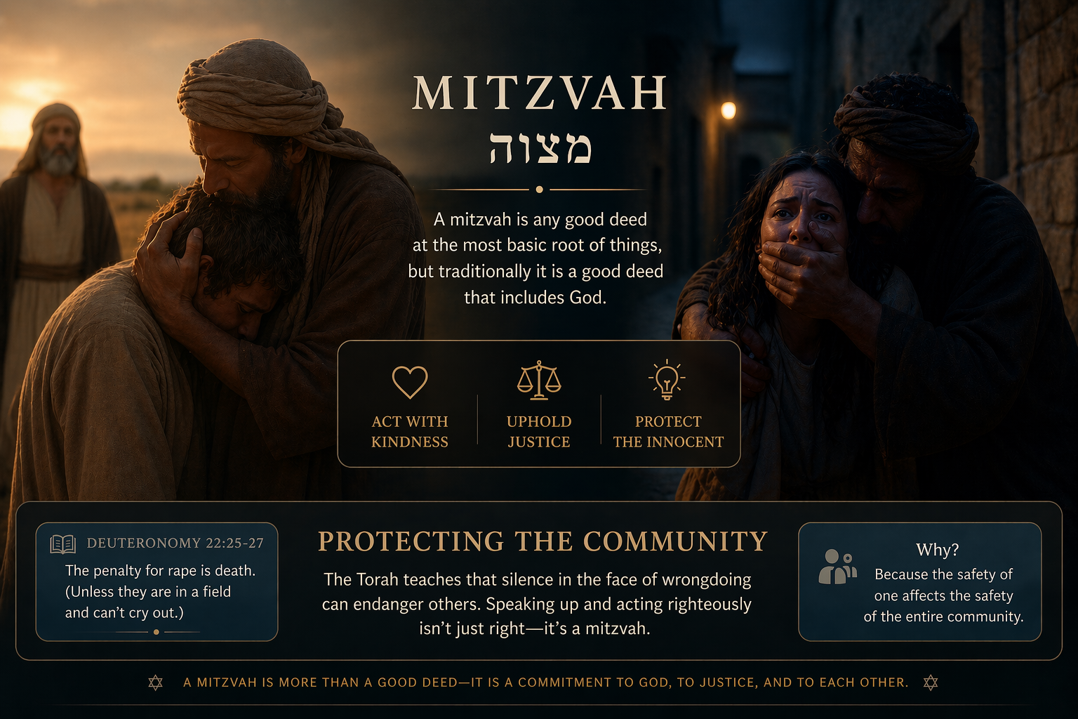 A public-facing image about mitzvah, justice, kindness, and protecting the innocent.