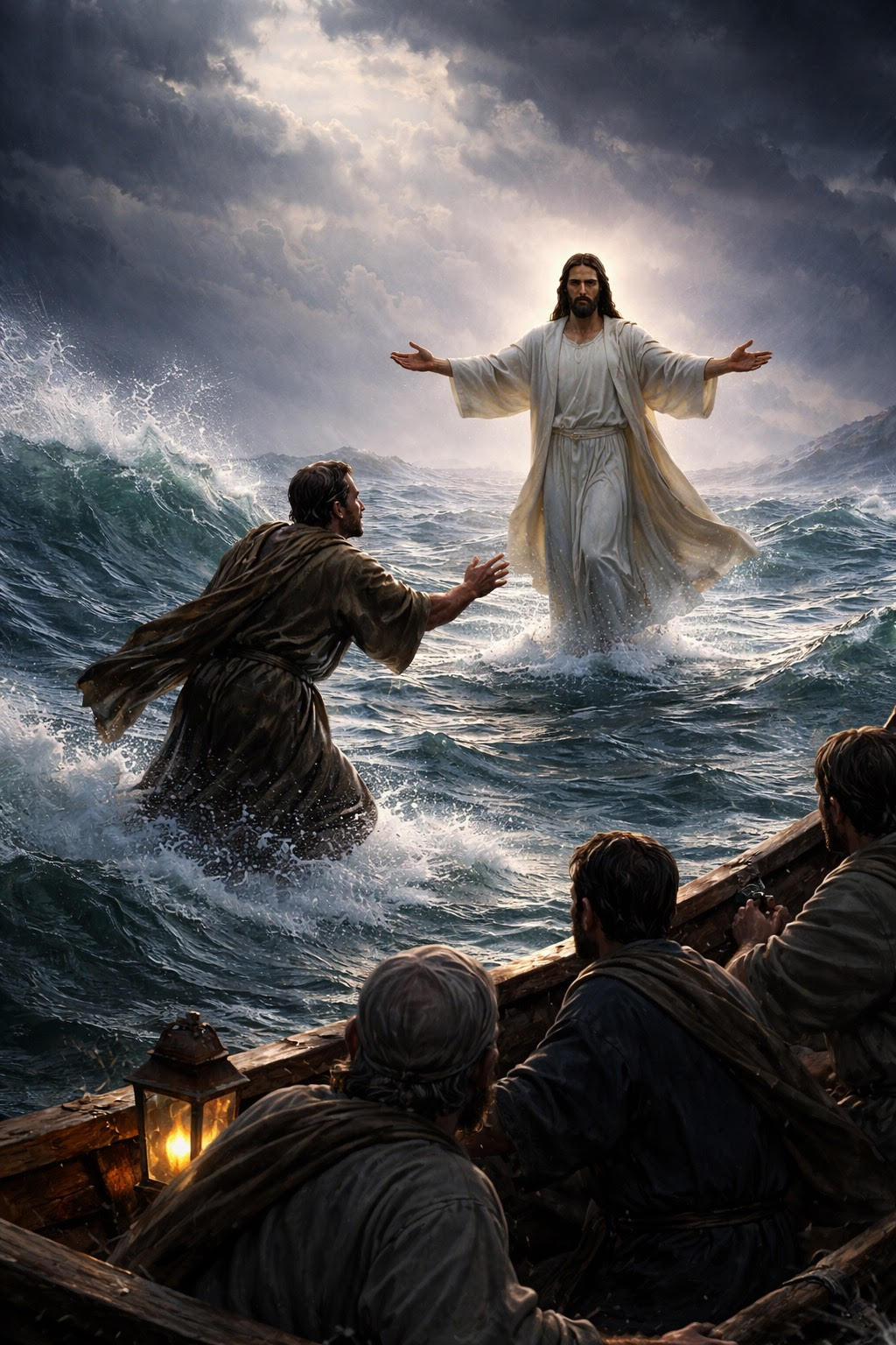 Jesus walking on water with Saint Peter reaching toward Him as the disciples watch from the boat