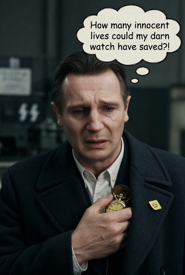 Oskar Schindler clutching his watch in tears — How many innocent lives could my darn watch have saved?!