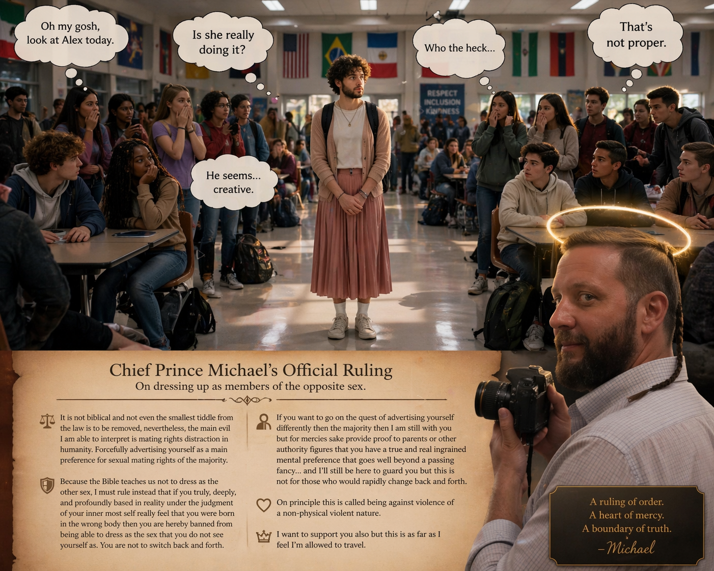 A tense school cafeteria scene showing a student under public attention, with Chief Prince Michael present as a watchful witness.