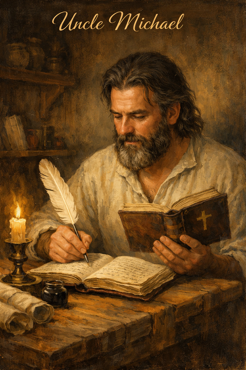 Uncle Michael writing with a feather quill while reading a Bible