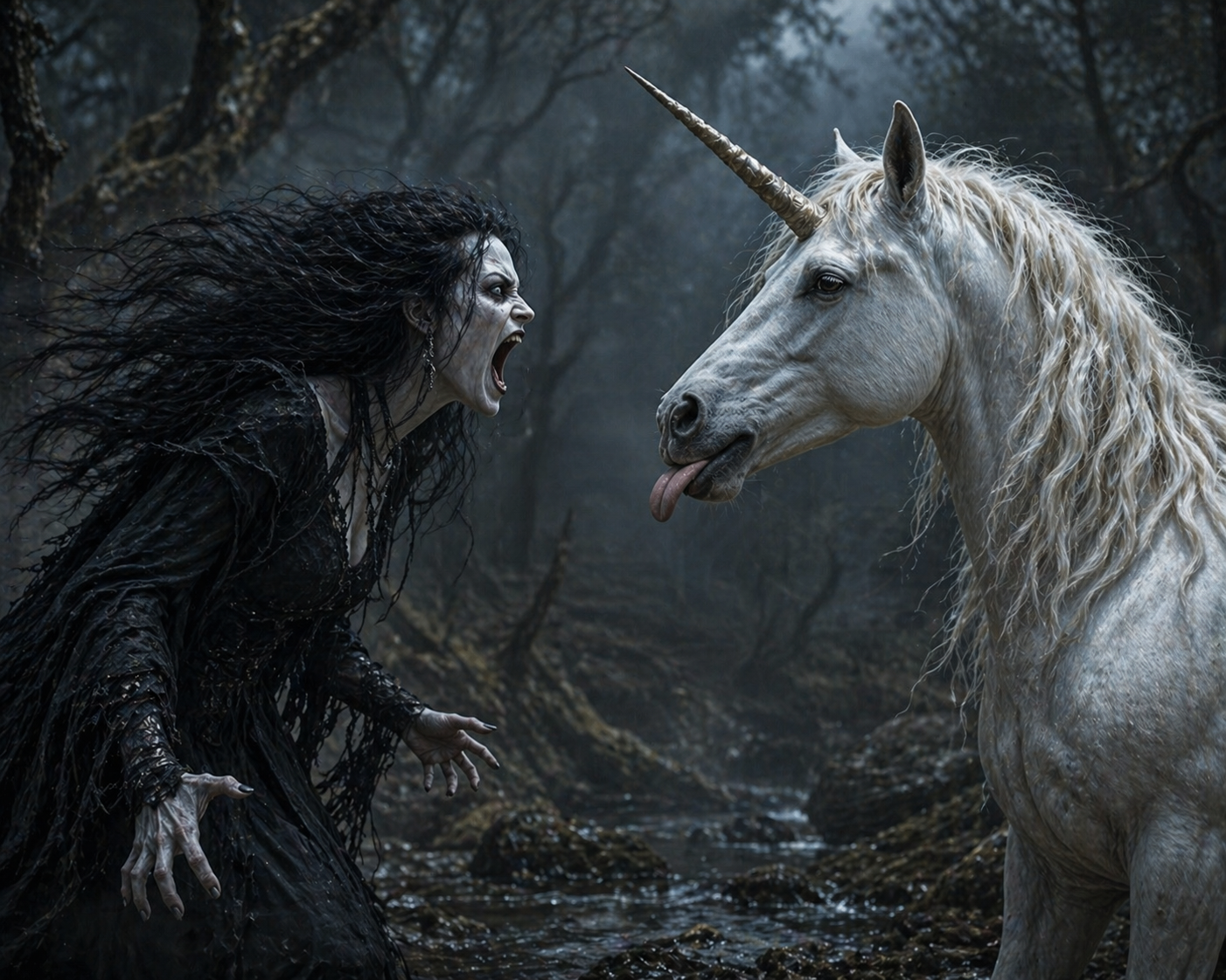 A banshee screaming at a calm unicorn who is sticking its tongue out in a dark forest setting